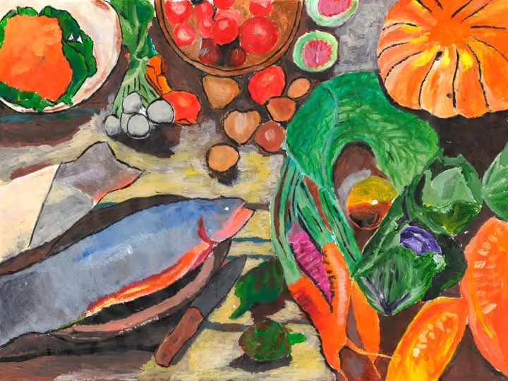A painting of vegetables and fruits on a table